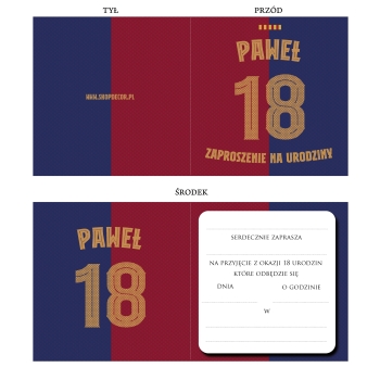 ZAPROSZENIE NA URODZINY PERSONALIZOWANE BARCELONA LEWANDOWSKI   + KOPERTA